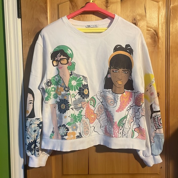 ZARA Blogger Fave Ecru Multi Girls Print Sweatshirt $59.90 EUC S Rare HTF - Picture 5 of 16